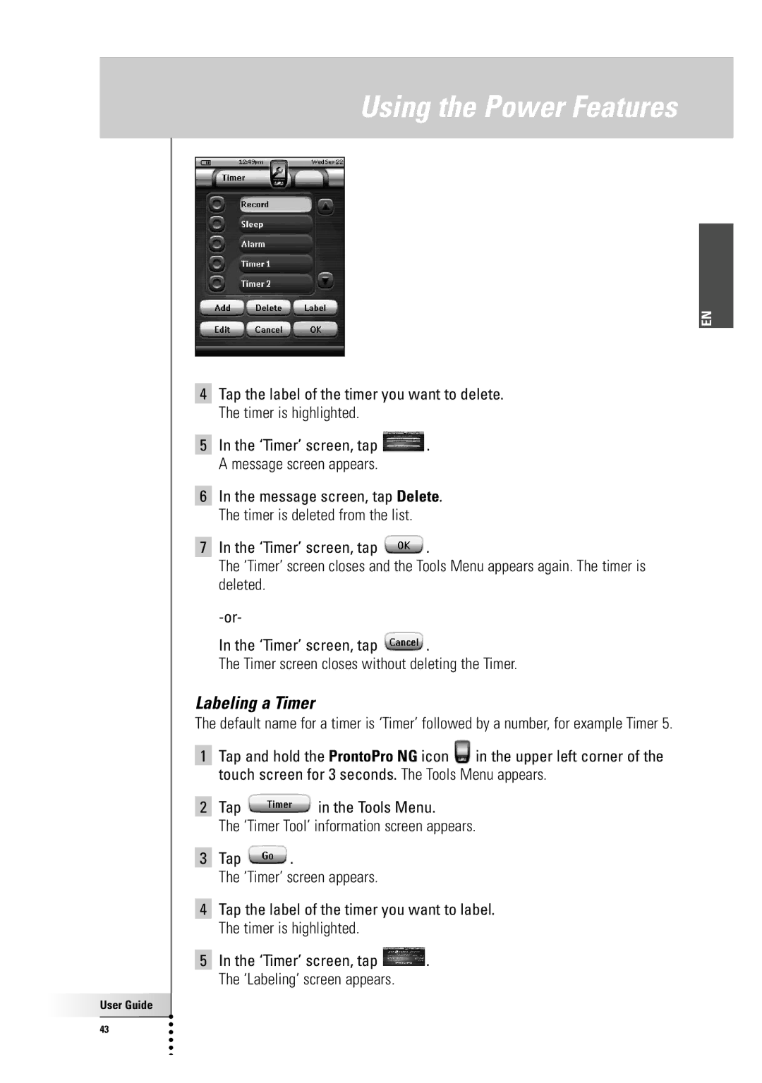 Philips TSU7500-SBC RU990 manual Labeling a Timer, Tap 