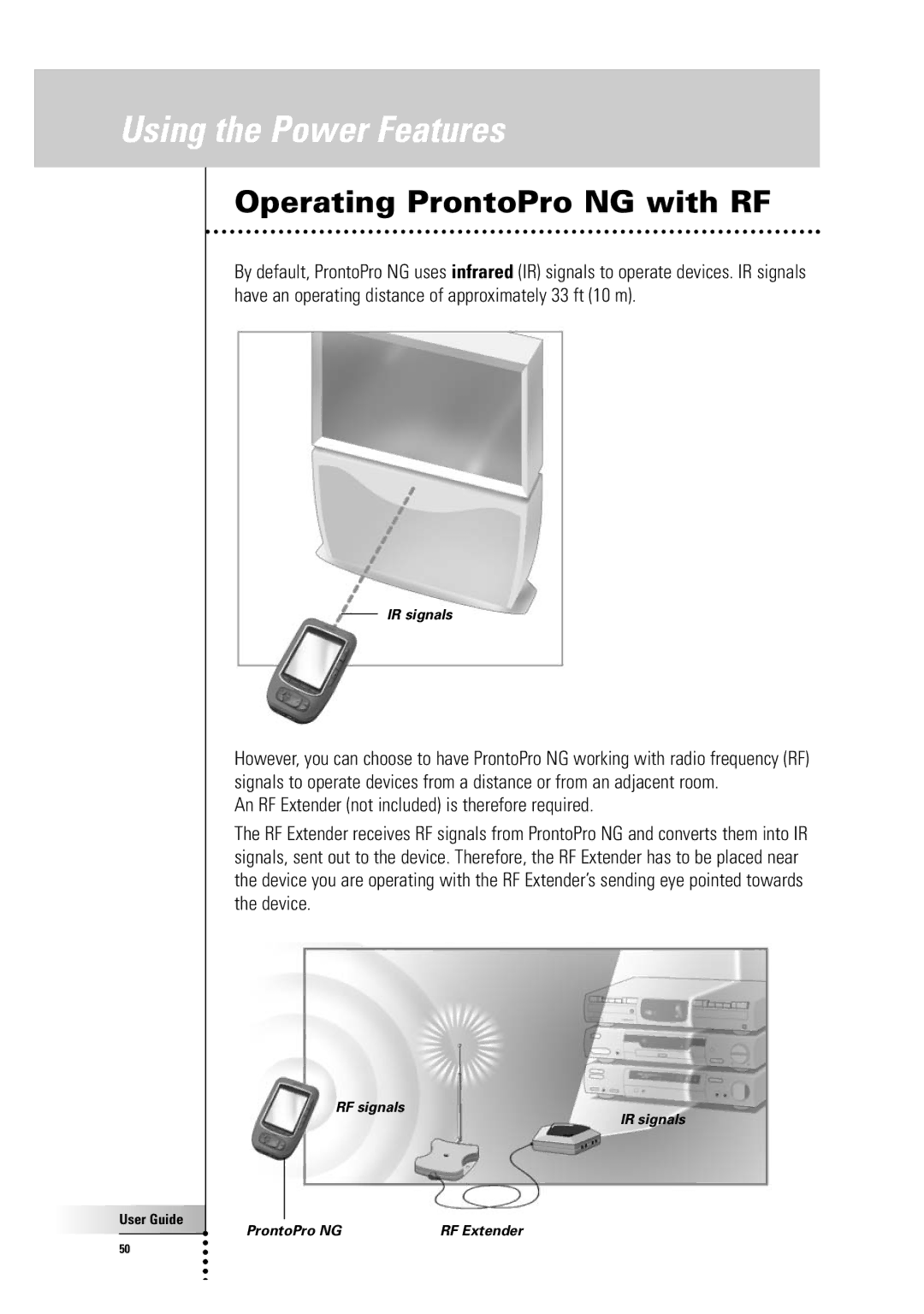 Philips TSU7500-SBC RU990 manual Operating ProntoPro NG with RF, An RF Extender not included is therefore required 