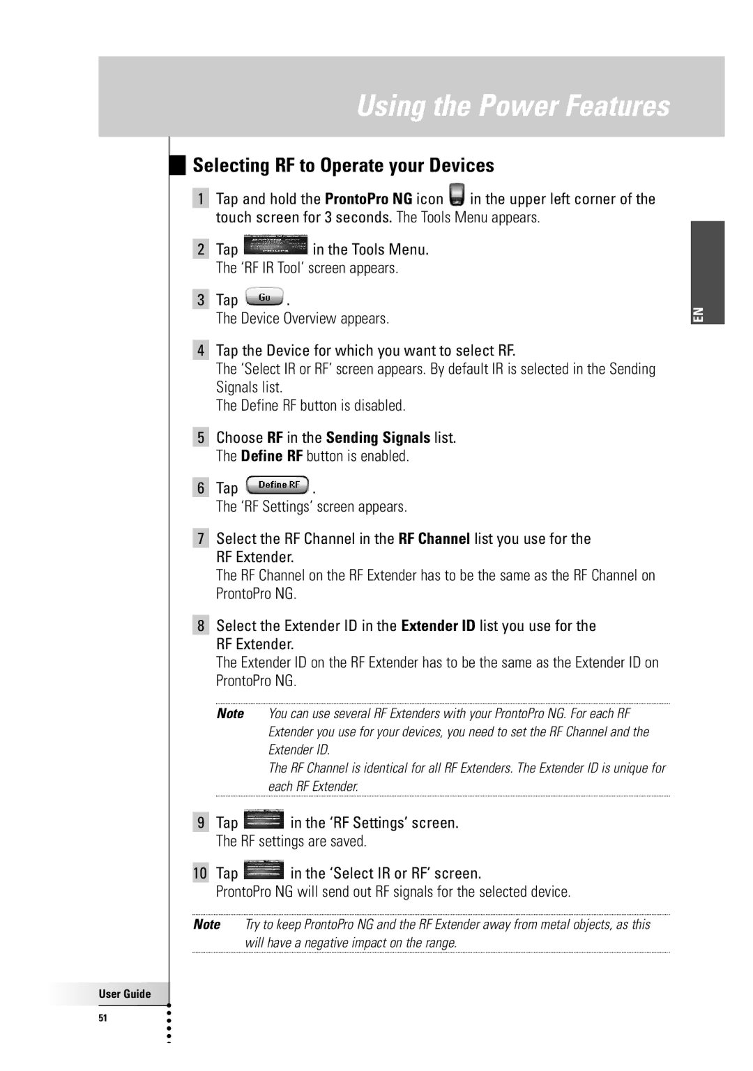 Philips TSU7500-SBC RU990 manual Selecting RF to Operate your Devices 