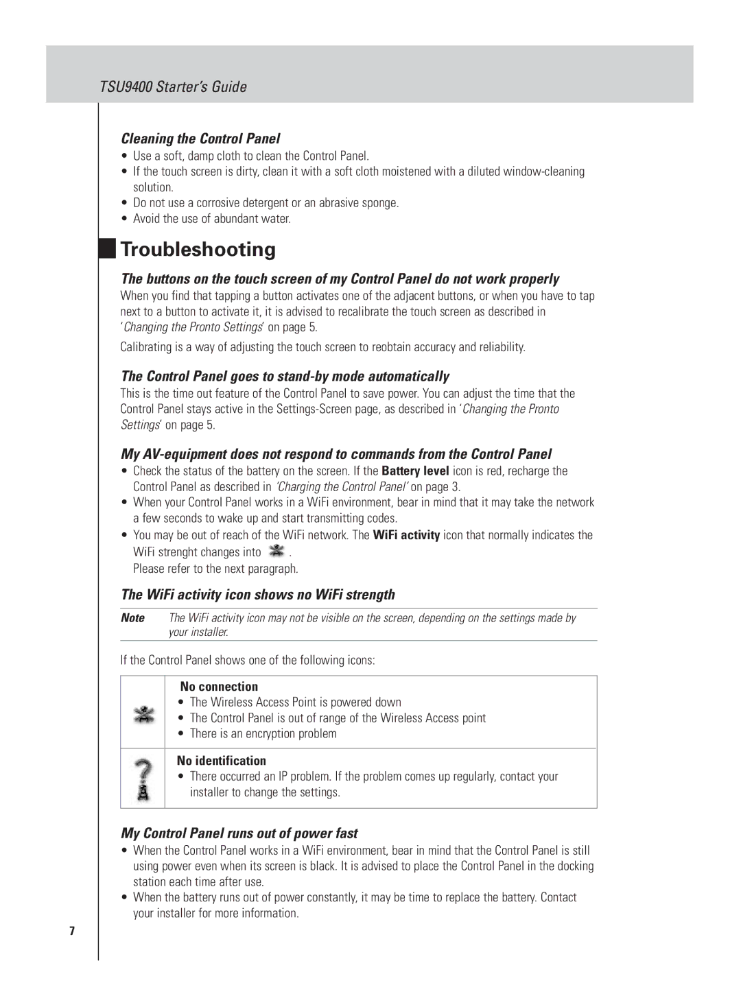 Philips TSU9400 manual Troubleshooting, Cleaning the Control Panel, Control Panel goes to stand-by mode automatically 