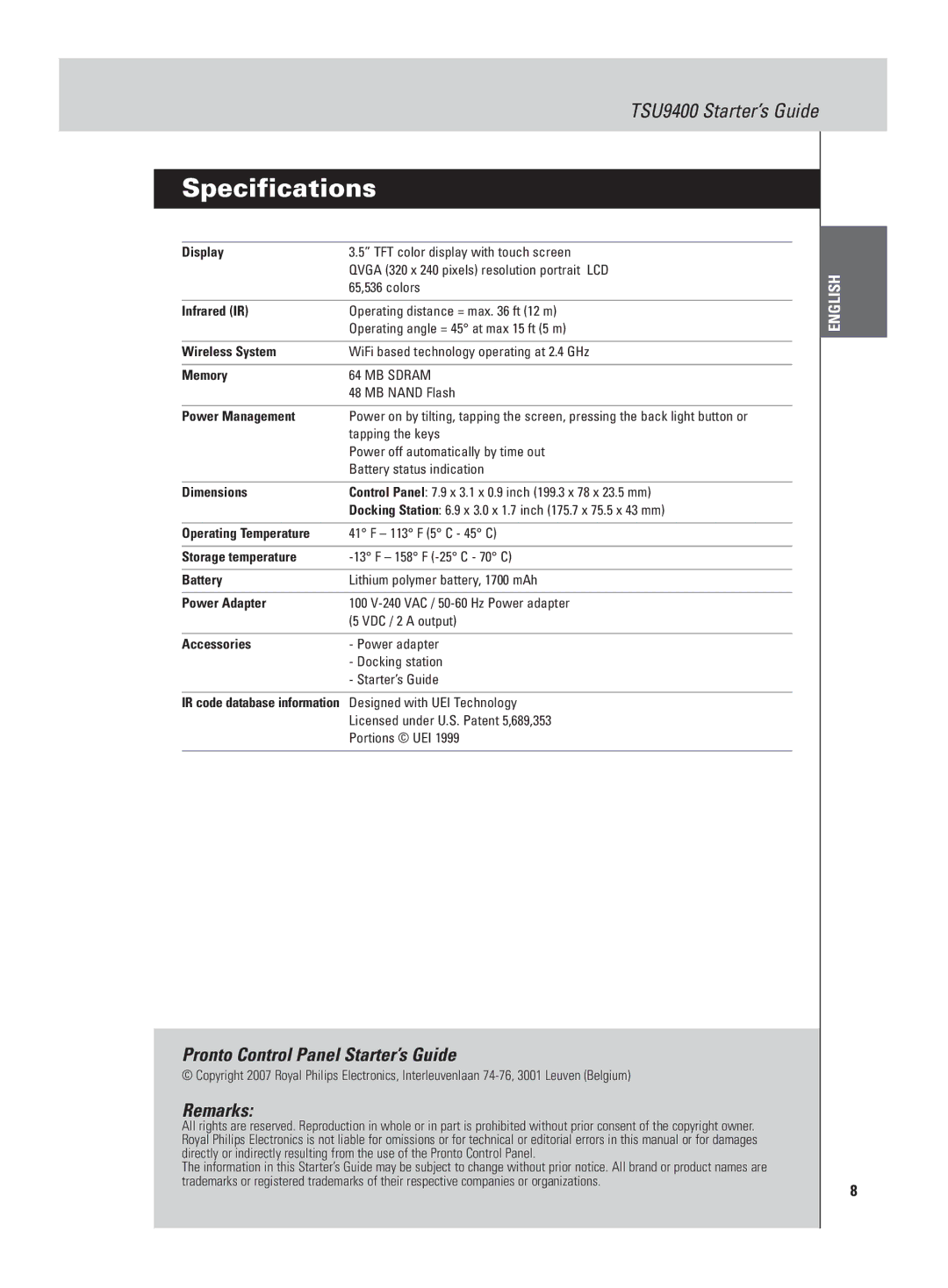 Philips TSU9400 manual Specifications, Pronto Control Panel Starter’s Guide, Remarks 