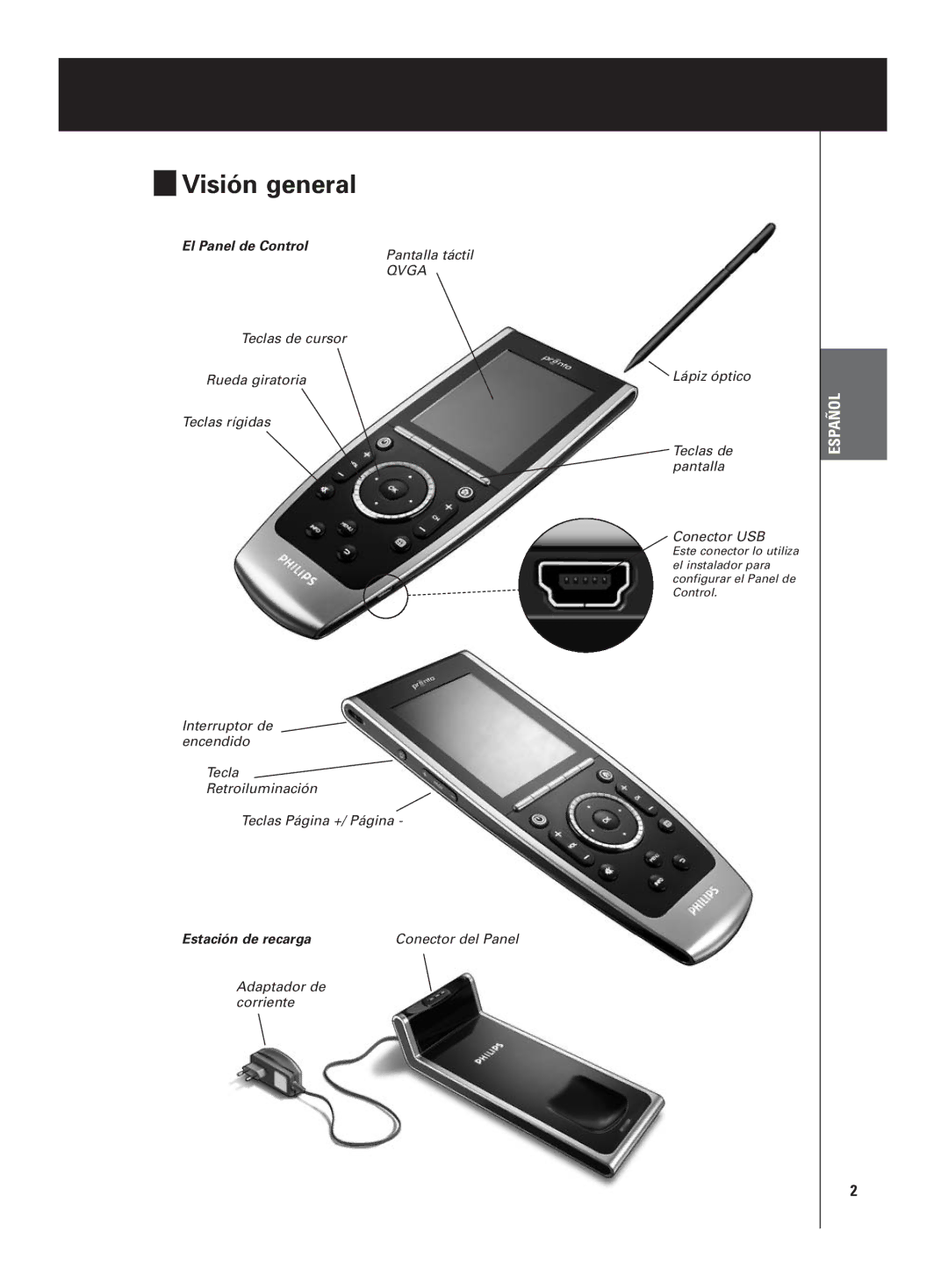 Philips TSU9400 manual Visión general, El Panel de Control, Estación de recarga Conector del Panel 