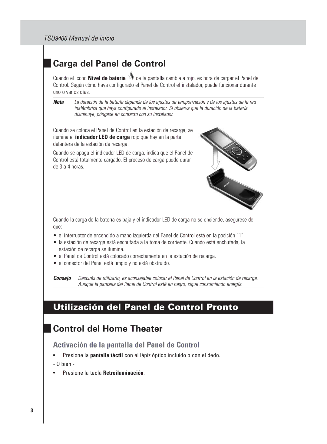 Philips TSU9400 manual Carga del Panel de Control, Utilización del Panel de Control Pronto, Control del Home Theater 