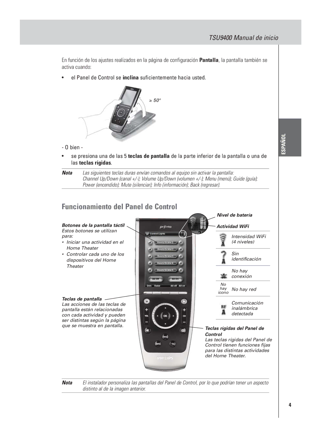 Philips TSU9400 manual Nivel de batería Actividad WiFi, Teclas rígidas del Panel de Control 