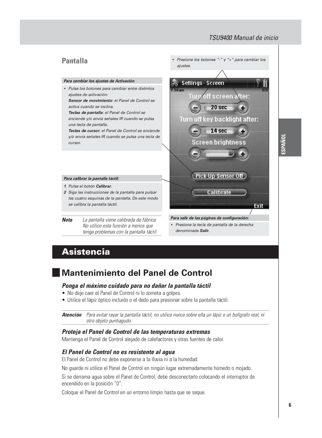 Philips TSU9400 manual Asistencia, Mantenimiento del Panel de Control, Pantalla 