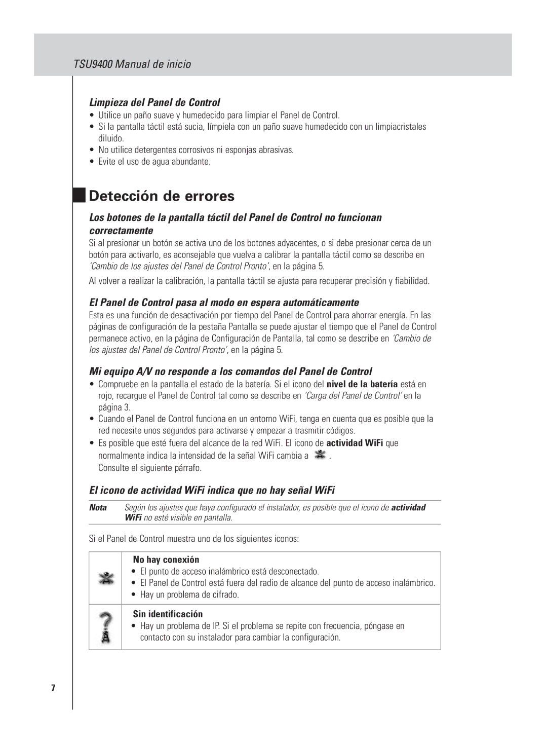 Philips TSU9400 manual Detección de errores, Limpieza del Panel de Control 