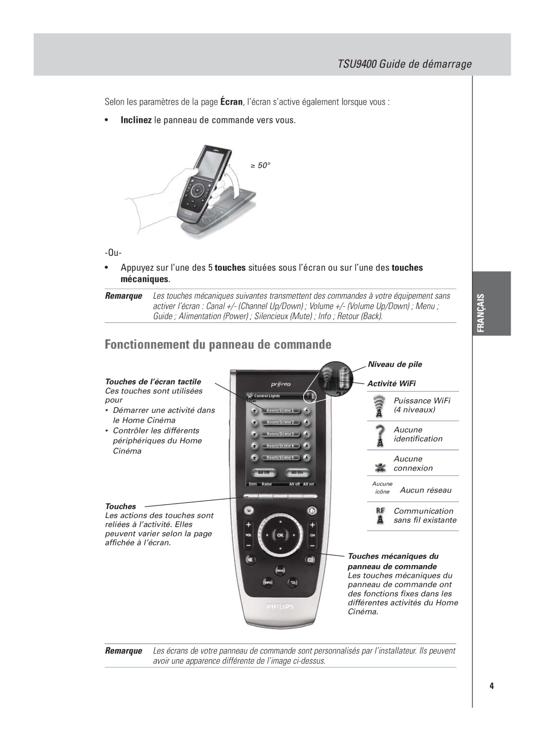 Philips TSU9400 manual Fonctionnement du panneau de commande, Touches de l’écran tactile Ces touches sont utilisées pour 