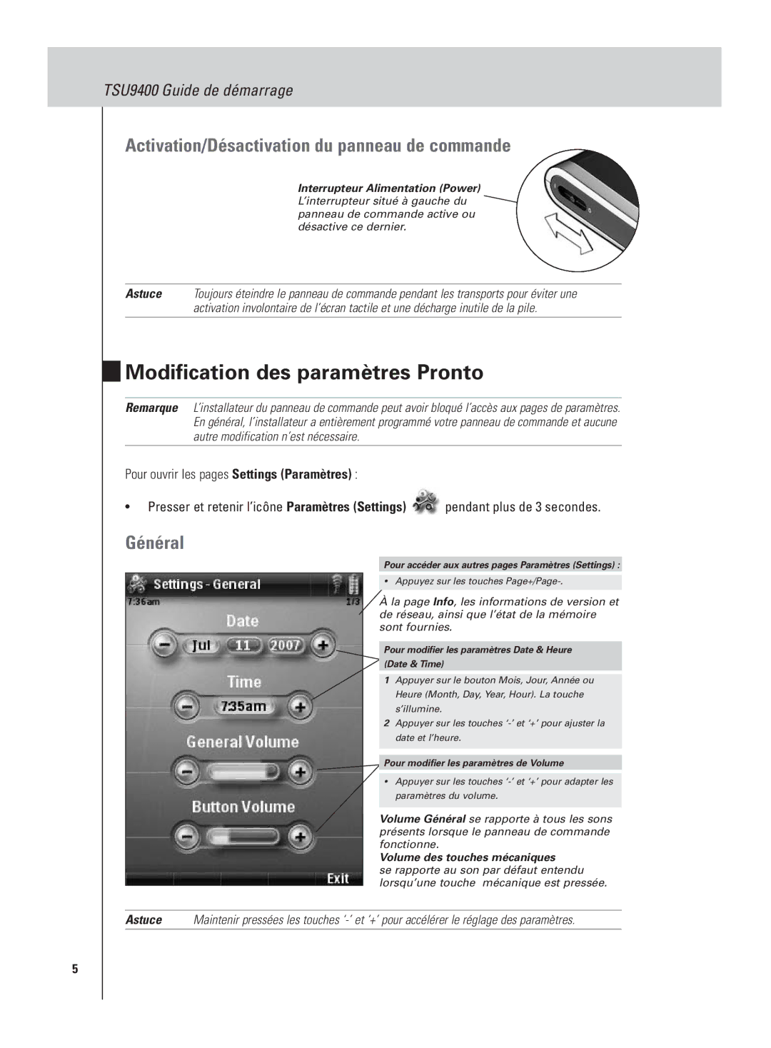 Philips TSU9400 manual Modification des paramètres Pronto, Activation/Désactivation du panneau de commande, Général 