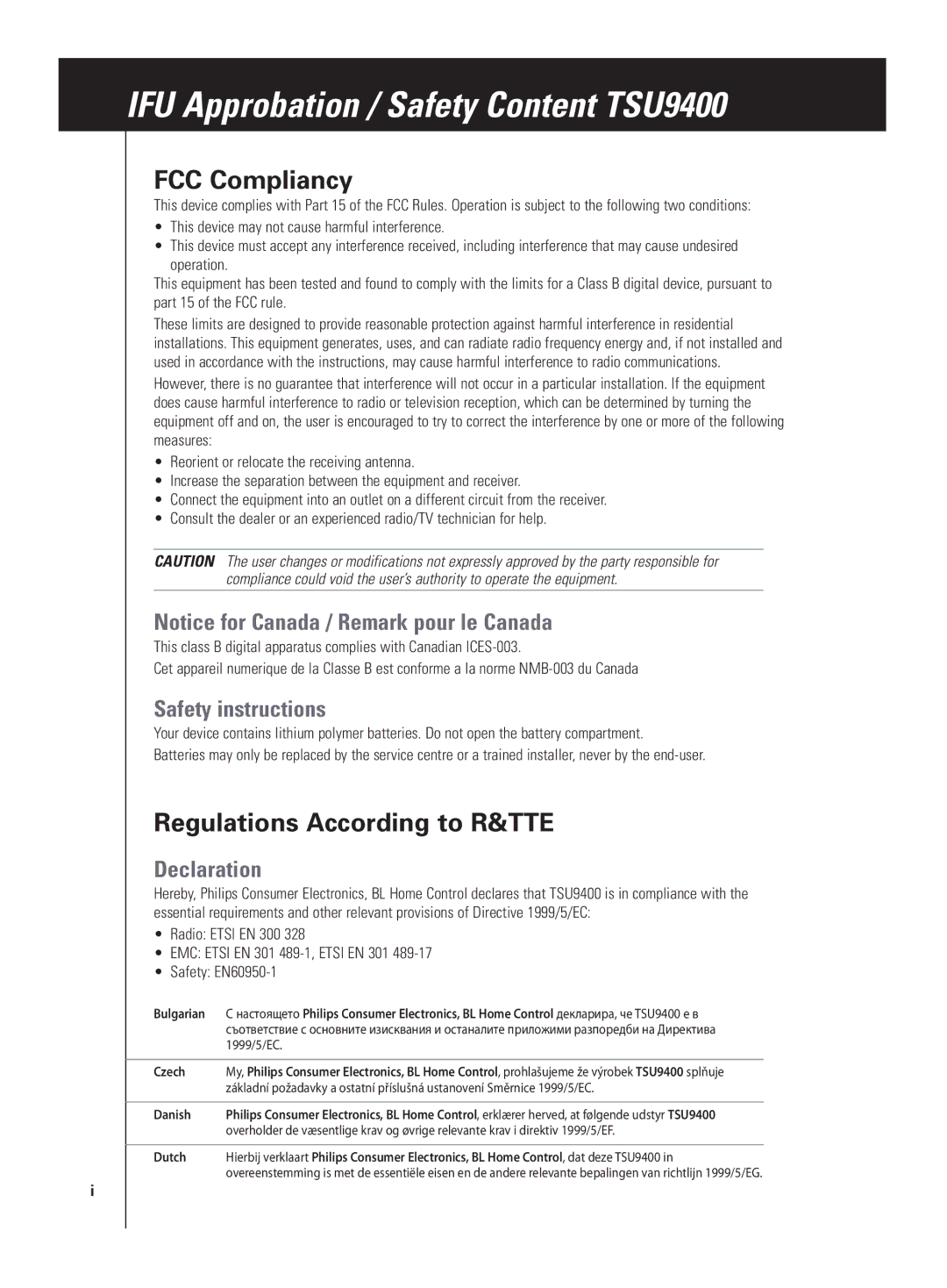 Philips TSU9400 manual FCC Compliancy, Regulations According to R&TTE, Safety instructions, Declaration 