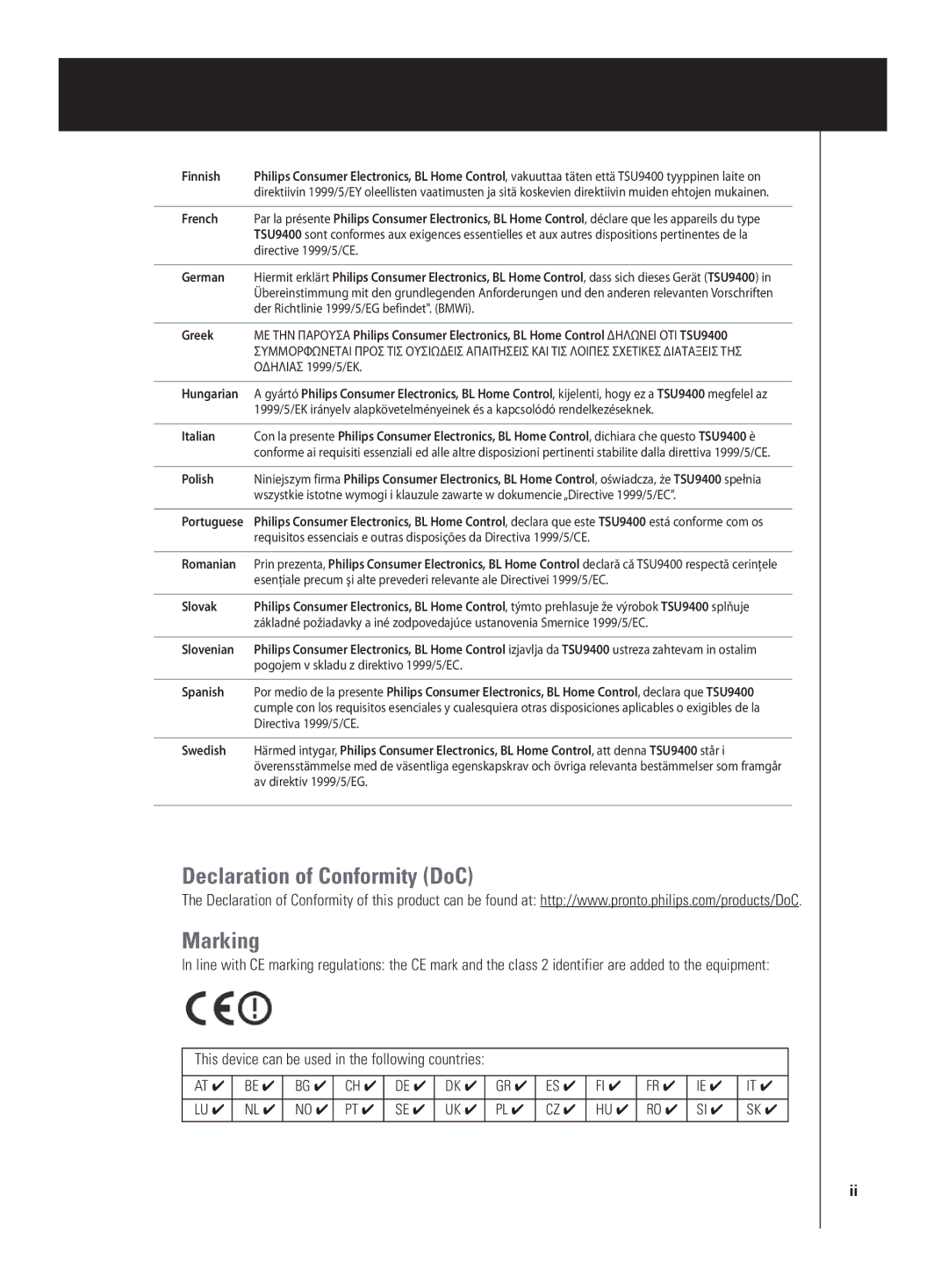 Philips TSU9400 manual Declaration of Conformity DoC Marking 