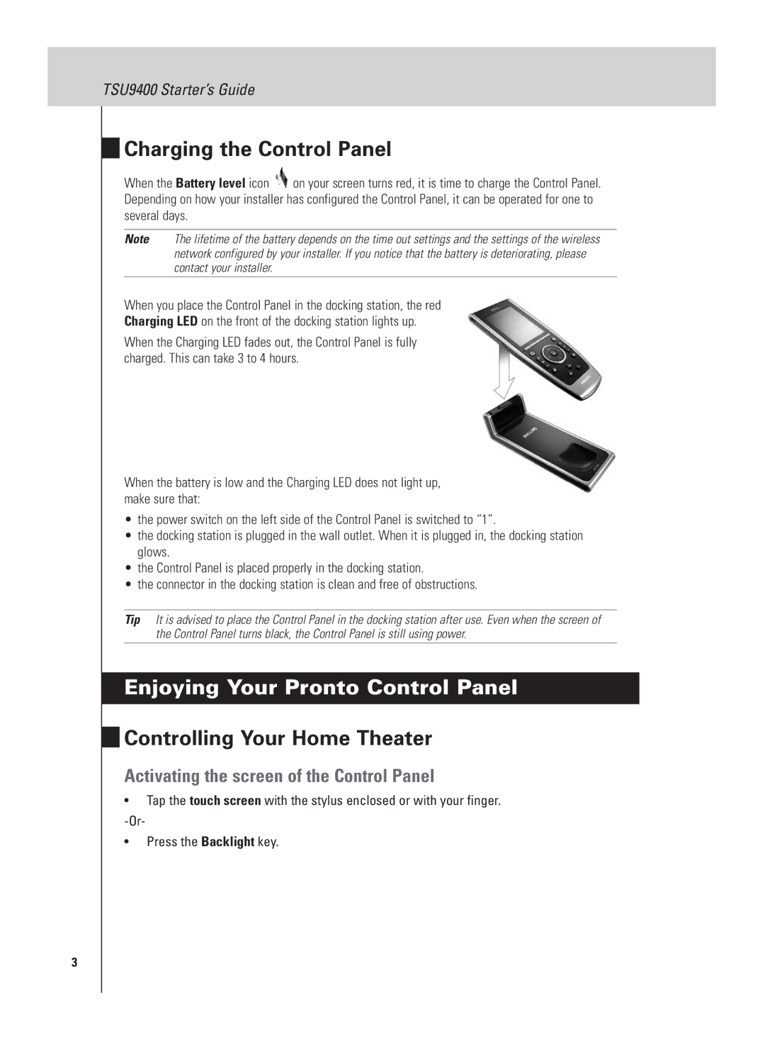 Philips TSU9400 manual Charging the Control Panel, Enjoying Your Pronto Control Panel, Controlling Your Home Theater 