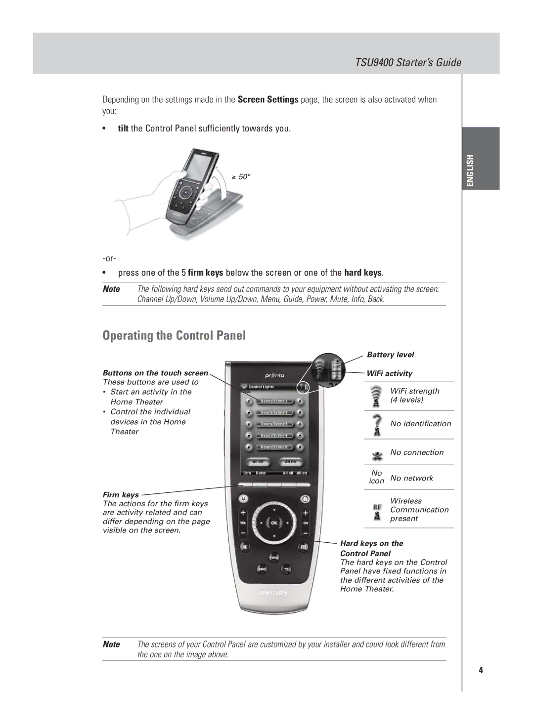 Philips TSU9400 manual Operating the Control Panel, Buttons on the touch screen, Firm keys The actions for the firm keys 