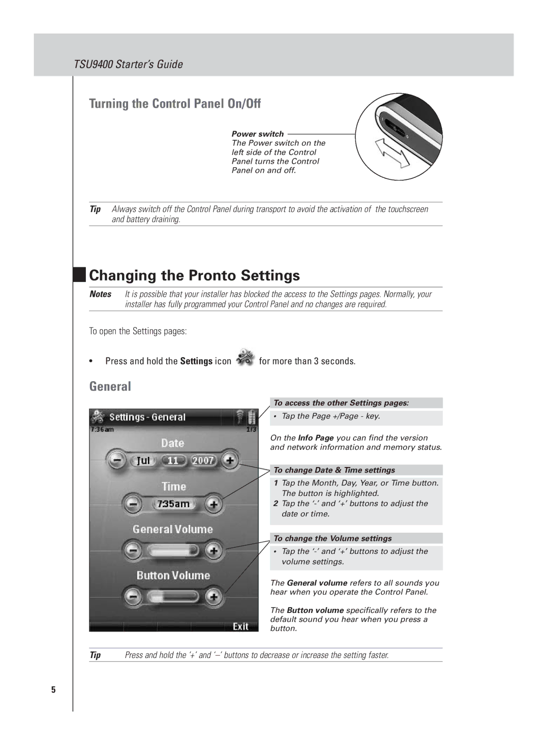 Philips TSU9400 manual Changing the Pronto Settings, Turning the Control Panel On/Off, General 