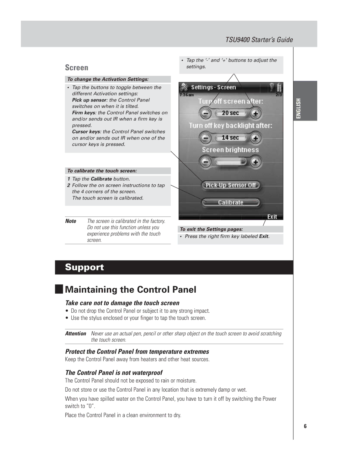 Philips TSU9400 manual Support, Maintaining the Control Panel, Screen 