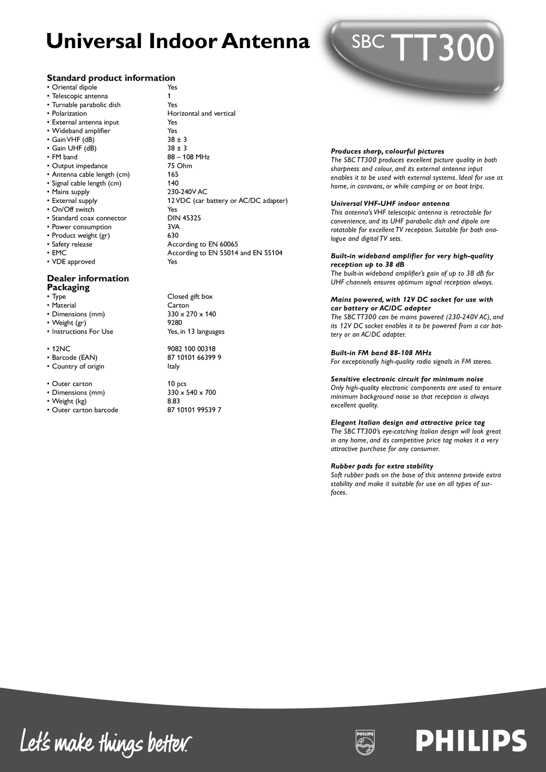 Philips TT300 manual Standard product information, Dealer information Packaging 