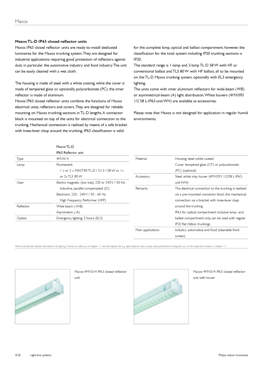 Philips TTX400 manual Maxos TL-D IP63 closed reflector units 