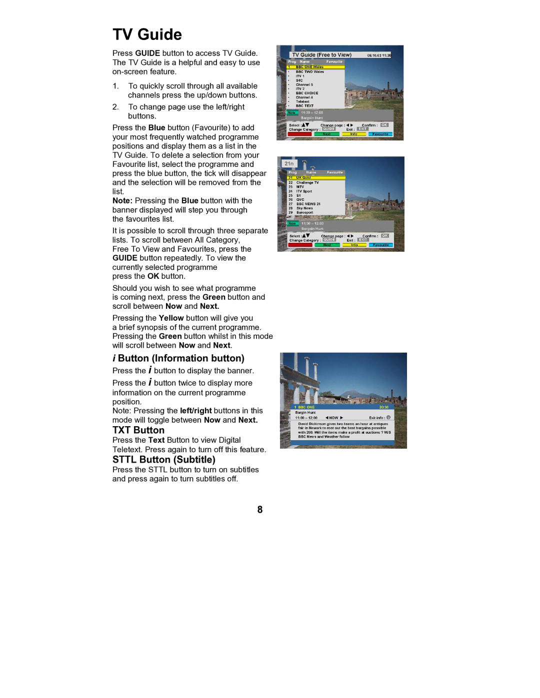 Philips TU-CT20 manual TV Guide, Button Information button, TXT Button, Sttl Button Subtitle 