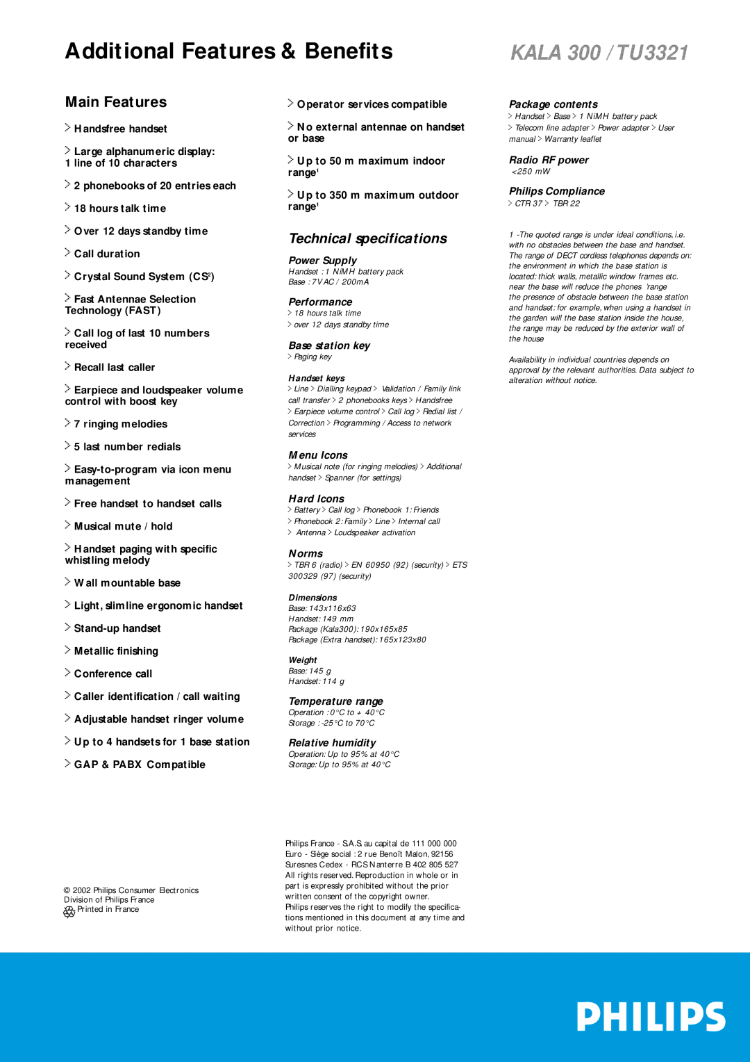 Philips TU3321 manual Power Supply, Performance, Base station key, Menu Icons, Hard Icons, Norms, Temperature range 