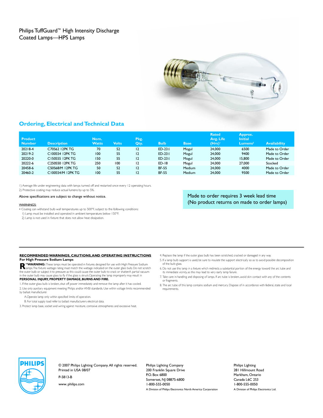 Philips TUFFGUARD Series manual Recommended WARNINGS, CAUTIONS,AND Operating Instructions 