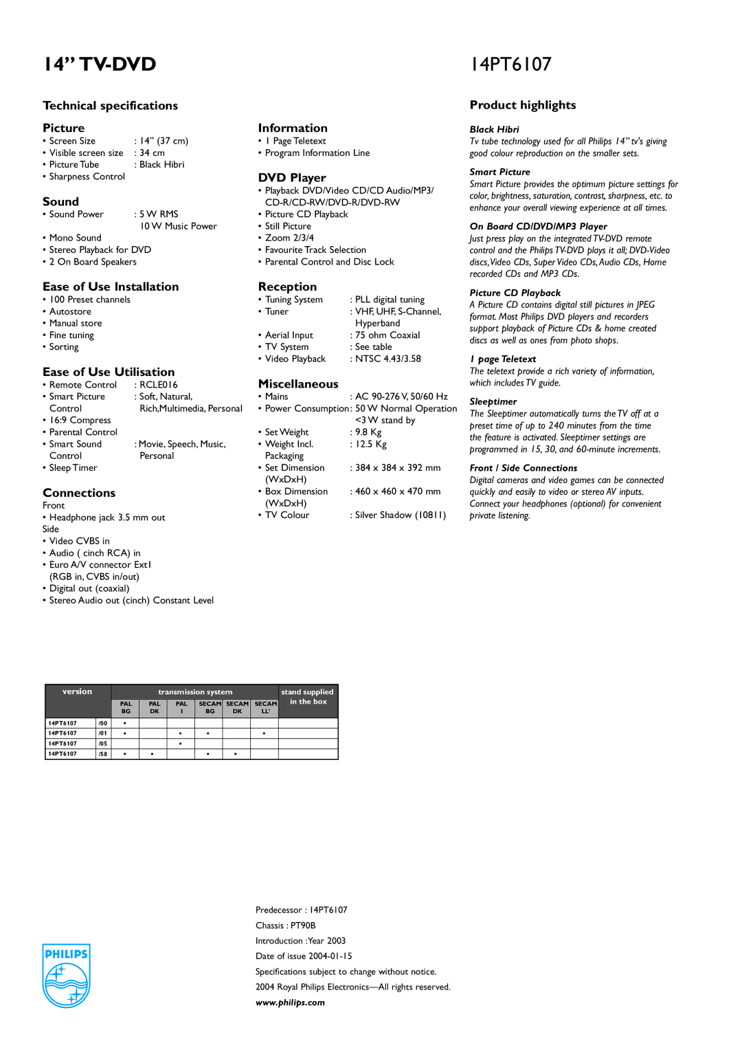 Philips TV-DVD manual Technical specifications Picture Information, DVD Player Sound, Ease of Use Installation Reception 