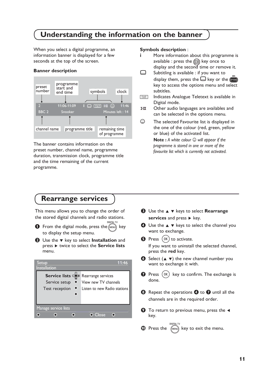 Philips TV Receiver manual Understanding the information on the banner, Rearrange services, Banner description 