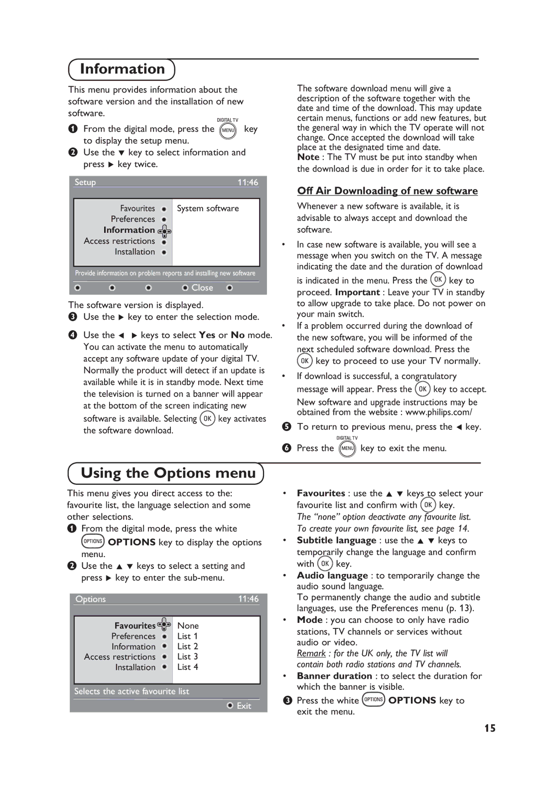 Philips TV Receiver manual Information, Using the Options menu, Off Air Downloading of new software 