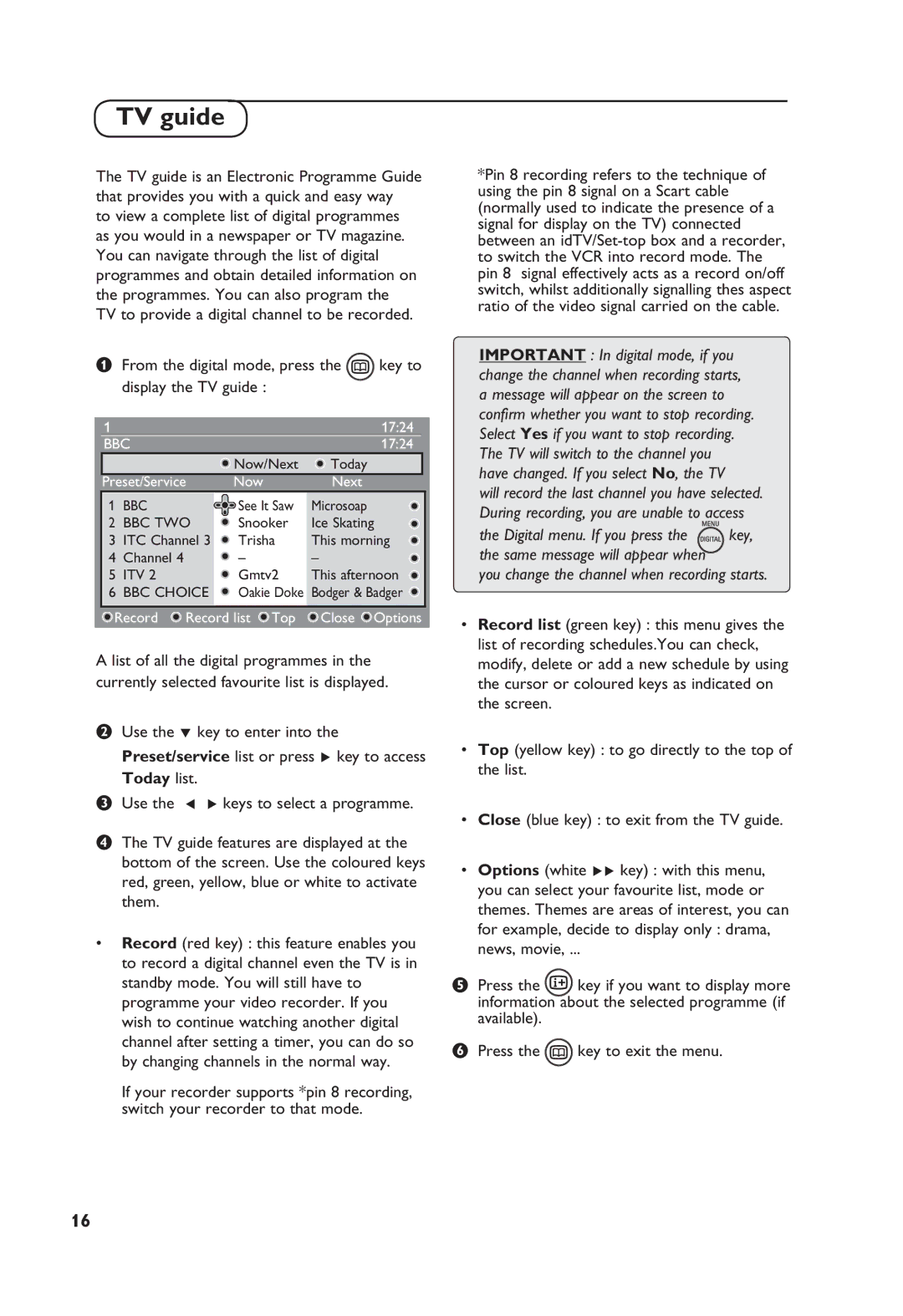 Philips TV Receiver manual From the digital mode, press the key to display the TV guide 