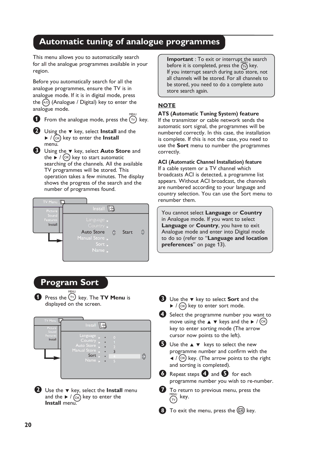 Philips TV Receiver manual Automatic tuning of analogue programmes, Program Sort, ATS Automatic Tuning System feature 