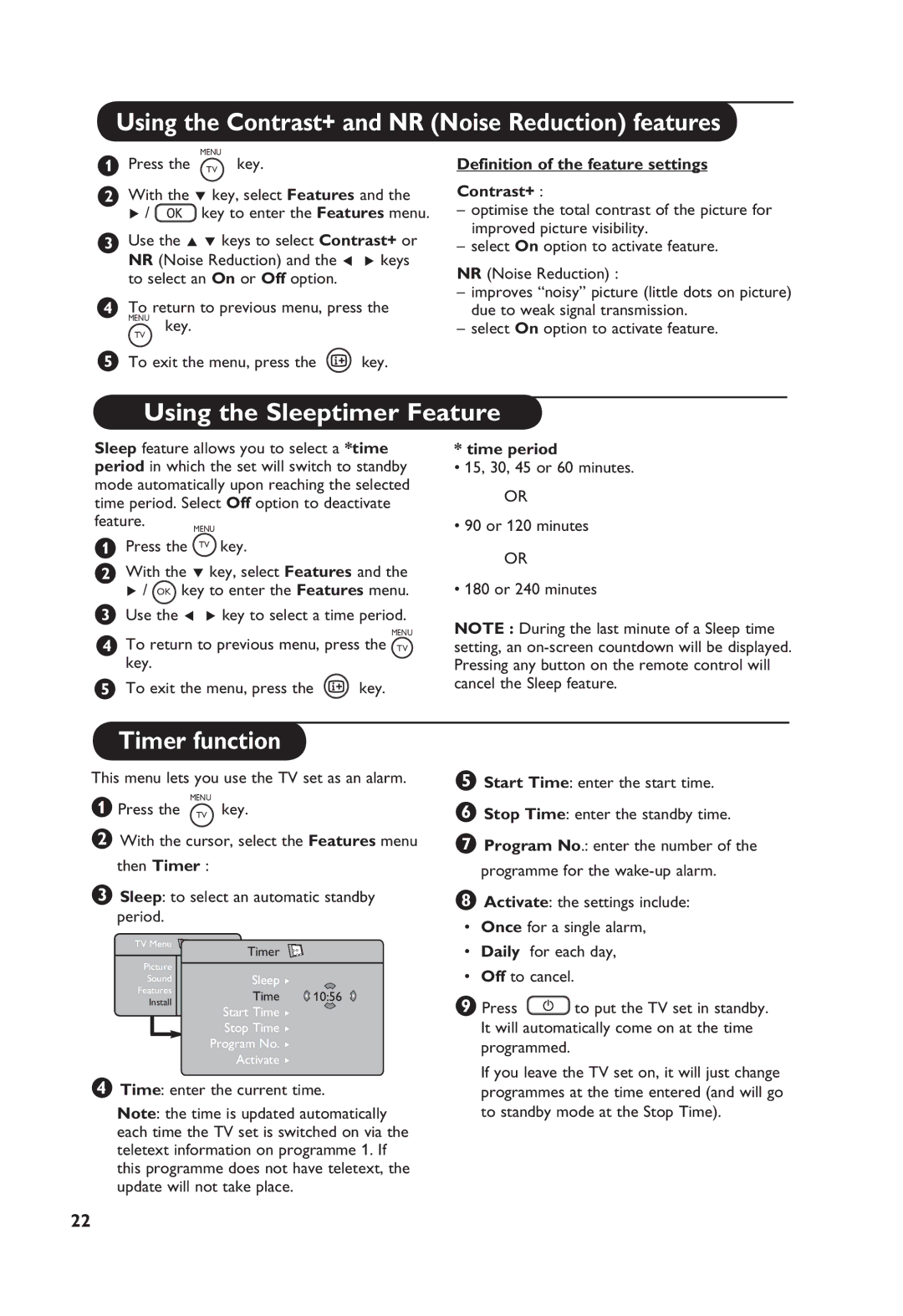 Philips TV Receiver Using the Contrast+ and NR Noise Reduction features, Using the Sleeptimer Feature, Timer function 