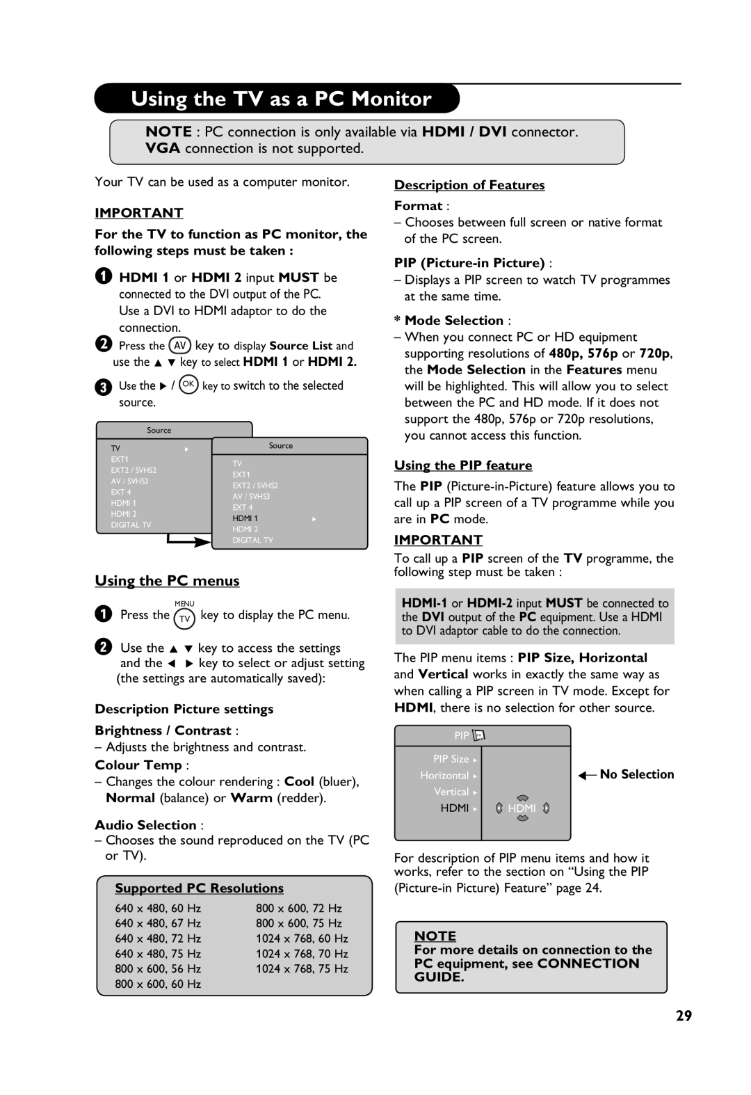 Philips TV Receiver manual Using the TV as a PC Monitor, Using the PC menus 