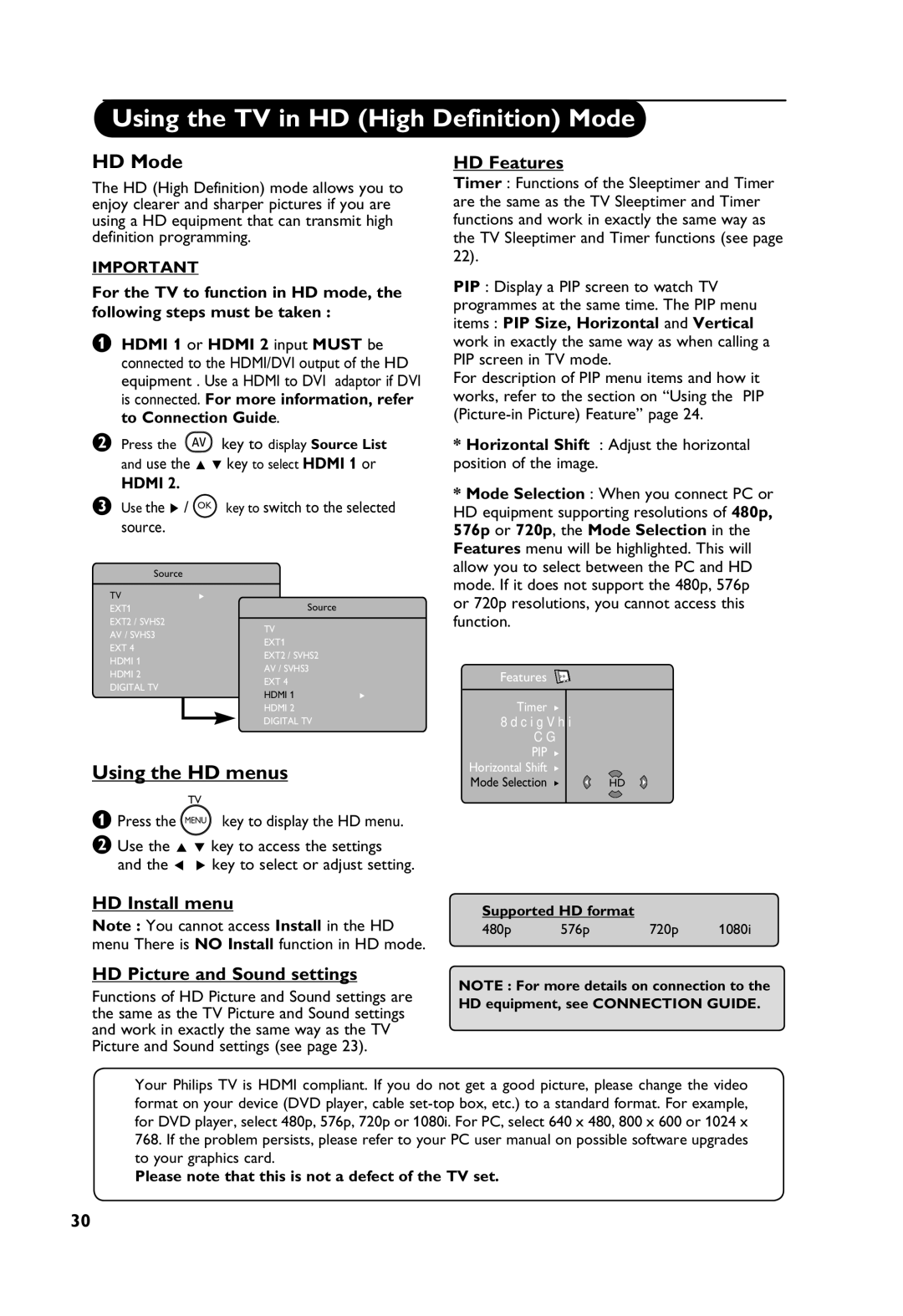 Philips TV Receiver Using the TV in HD High Definition Mode, HD Install menu HD Picture and Sound settings, HD Features 