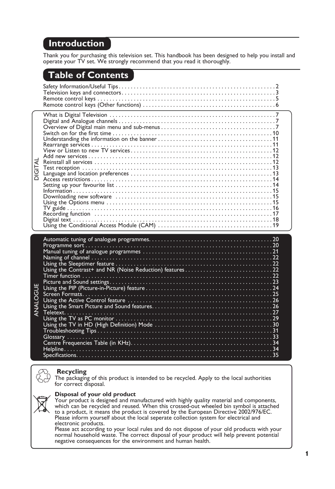 Philips TV Receiver manual Introduction, Table of Contents 