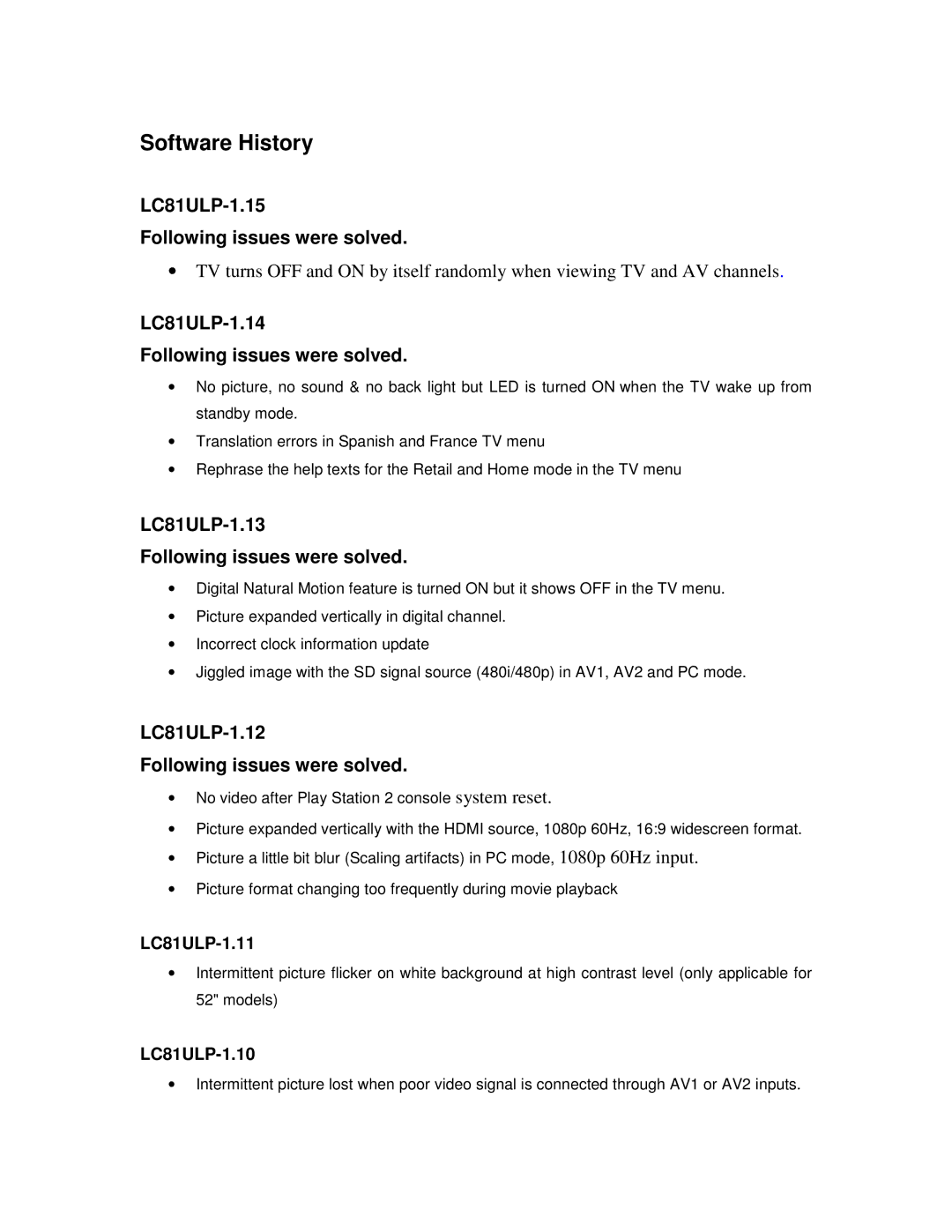 Philips TV Video Accessories manual LC81ULP-1.15 Following issues were solved, LC81ULP-1.14 Following issues were solved 