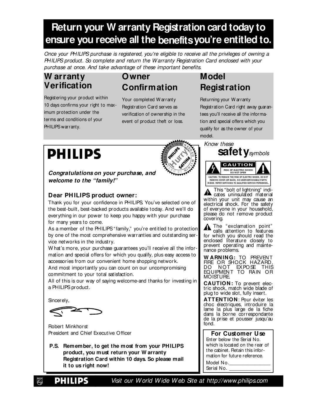 Philips TV/DVD Dear Philips product owner, For Customer Use, This bolt of lightning indi- cates uninsulated material 