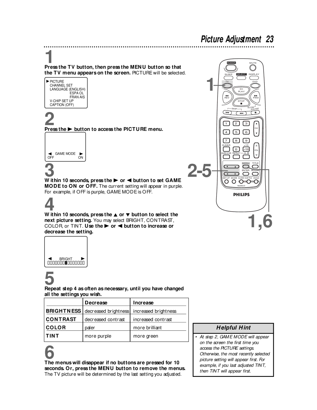 Philips TV/DVD owner manual Picture Adjustment, Press the B button to access the Picture menu 