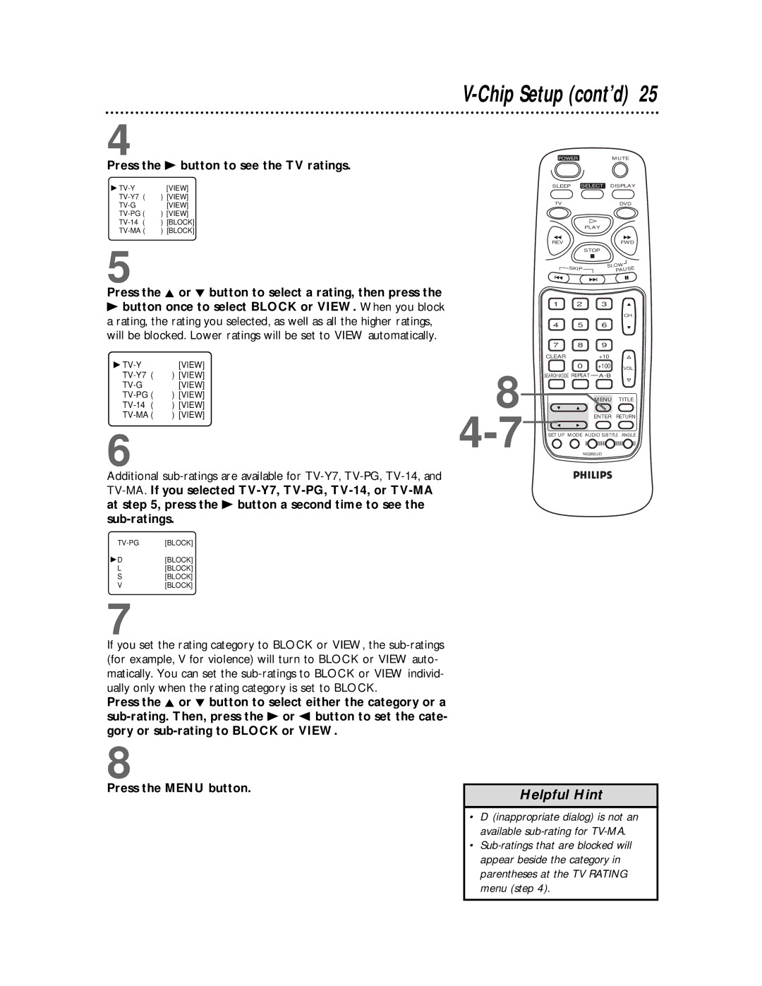 Philips TV/DVD owner manual Chip Setup cont’d, Press the B button to see the TV ratings 