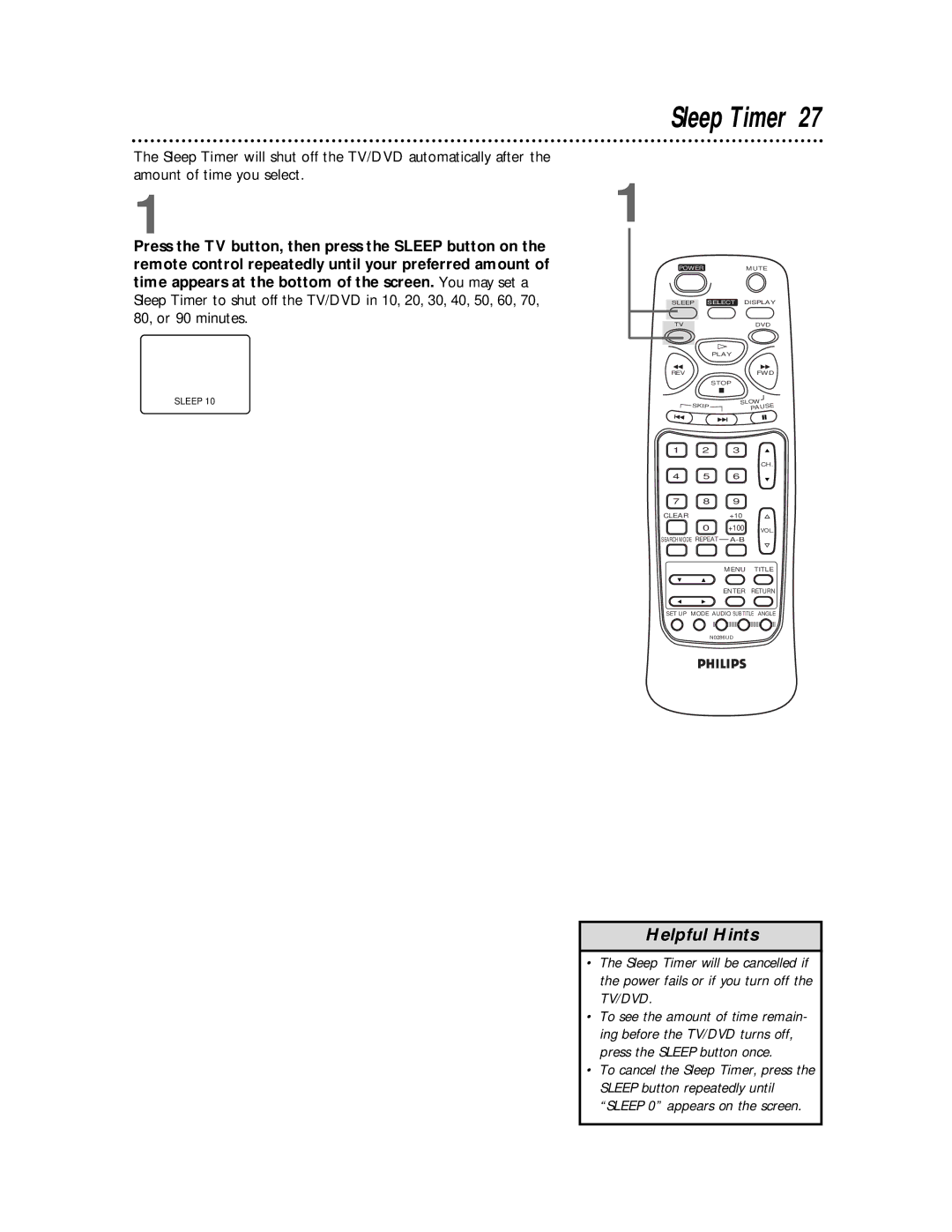 Philips TV/DVD owner manual Sleep Timer 