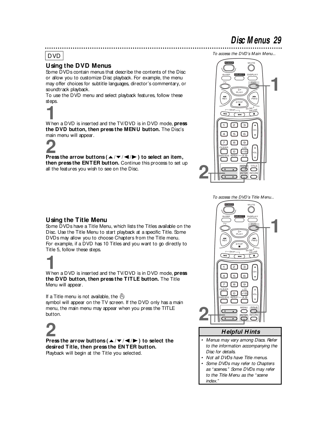 Philips TV/DVD owner manual Disc Menus, Using the DVD Menus, Using the Title Menu 