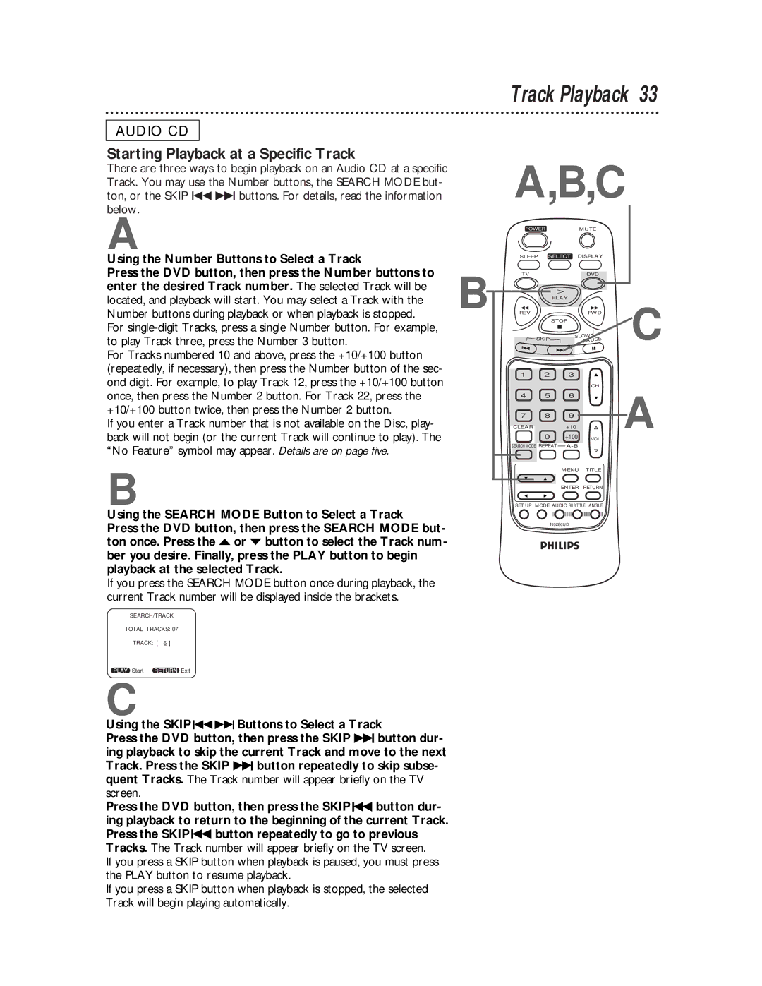 Philips TV/DVD Track Playback, Starting Playback at a Specific Track, Using the Number Buttons to Select a Track 