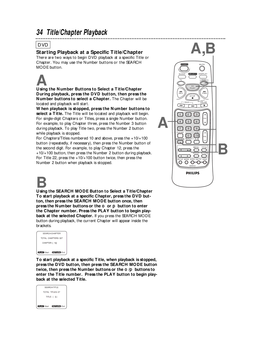 Philips TV/DVD owner manual Title/Chapter Playback, Starting Playback at a Specific Title/Chapter 