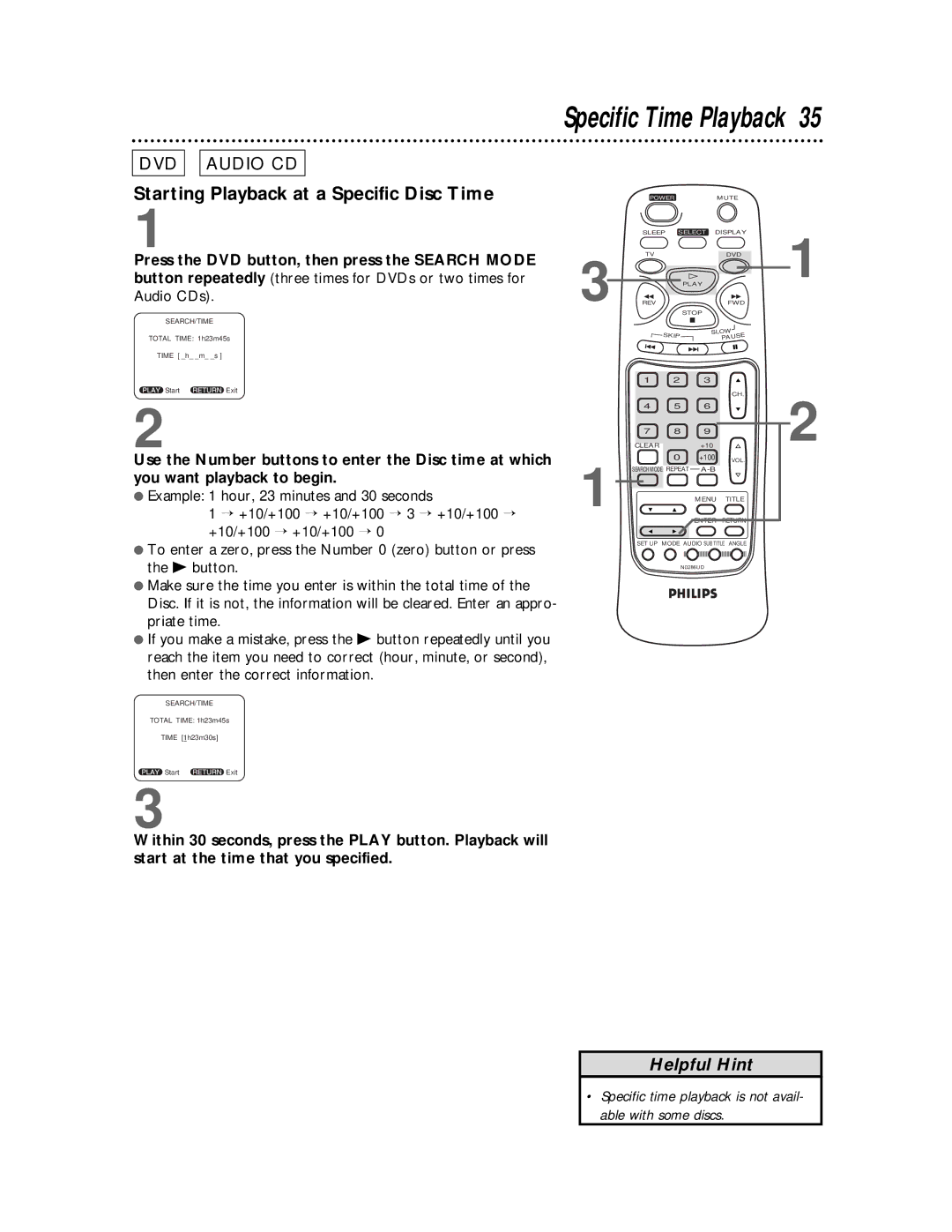 Philips TV/DVD owner manual Specific Time Playback, Starting Playback at a Specific Disc Time, You want playback to begin 