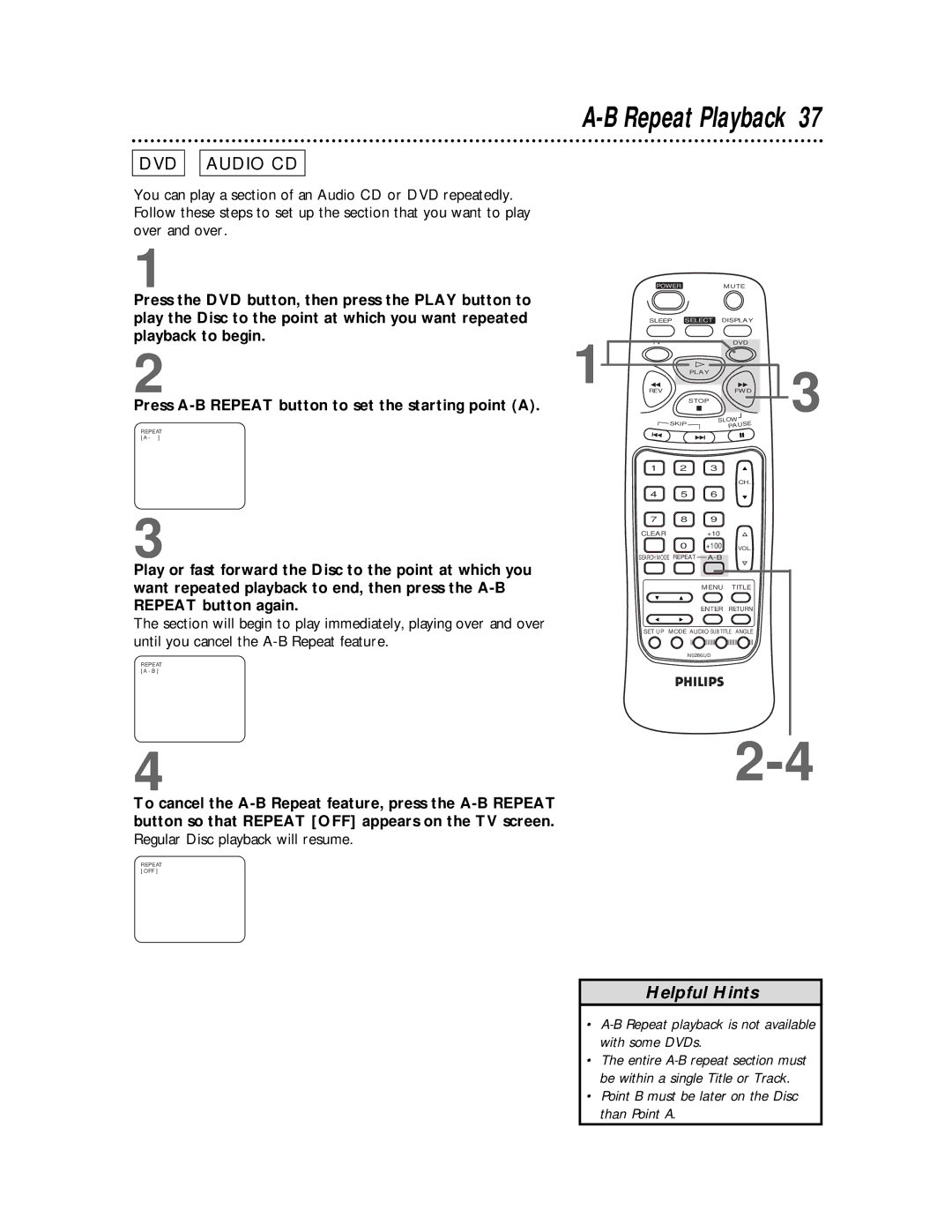 Philips TV/DVD owner manual Repeat playback is not available with some DVDs 