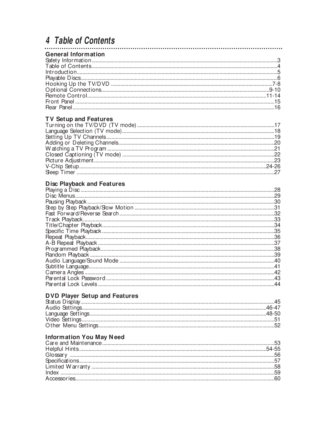 Philips TV/DVD owner manual Table of Contents 