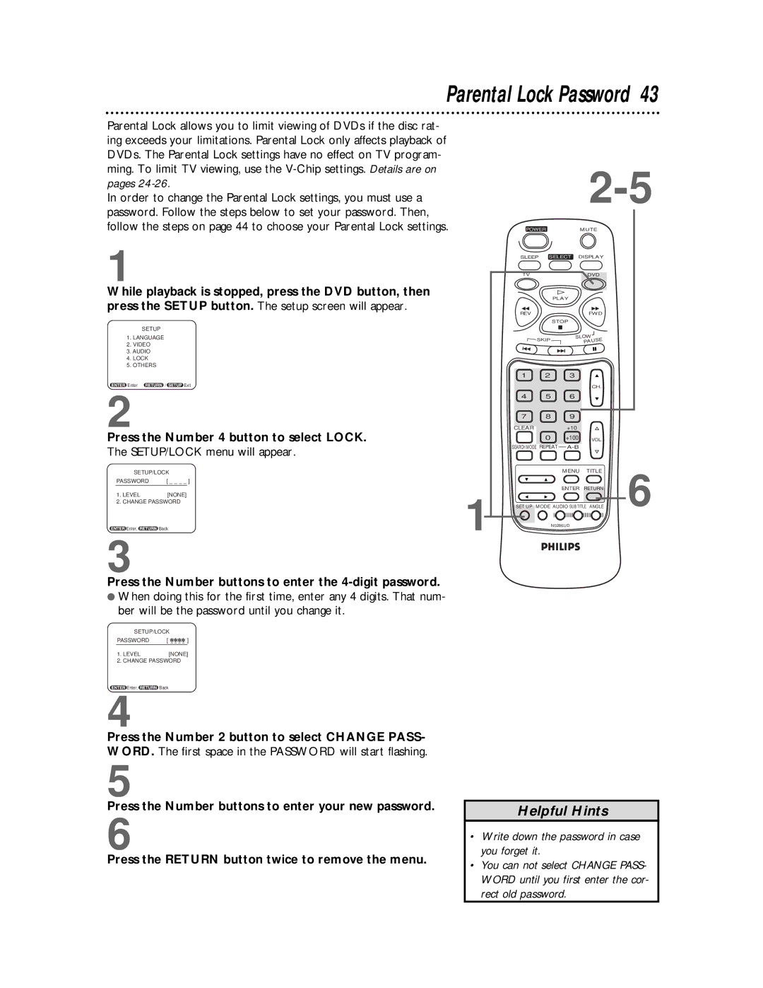 Philips TV/DVD owner manual Parental Lock Password, Press the Number 4 button to select Lock, SETUP/LOCK menu will appear 