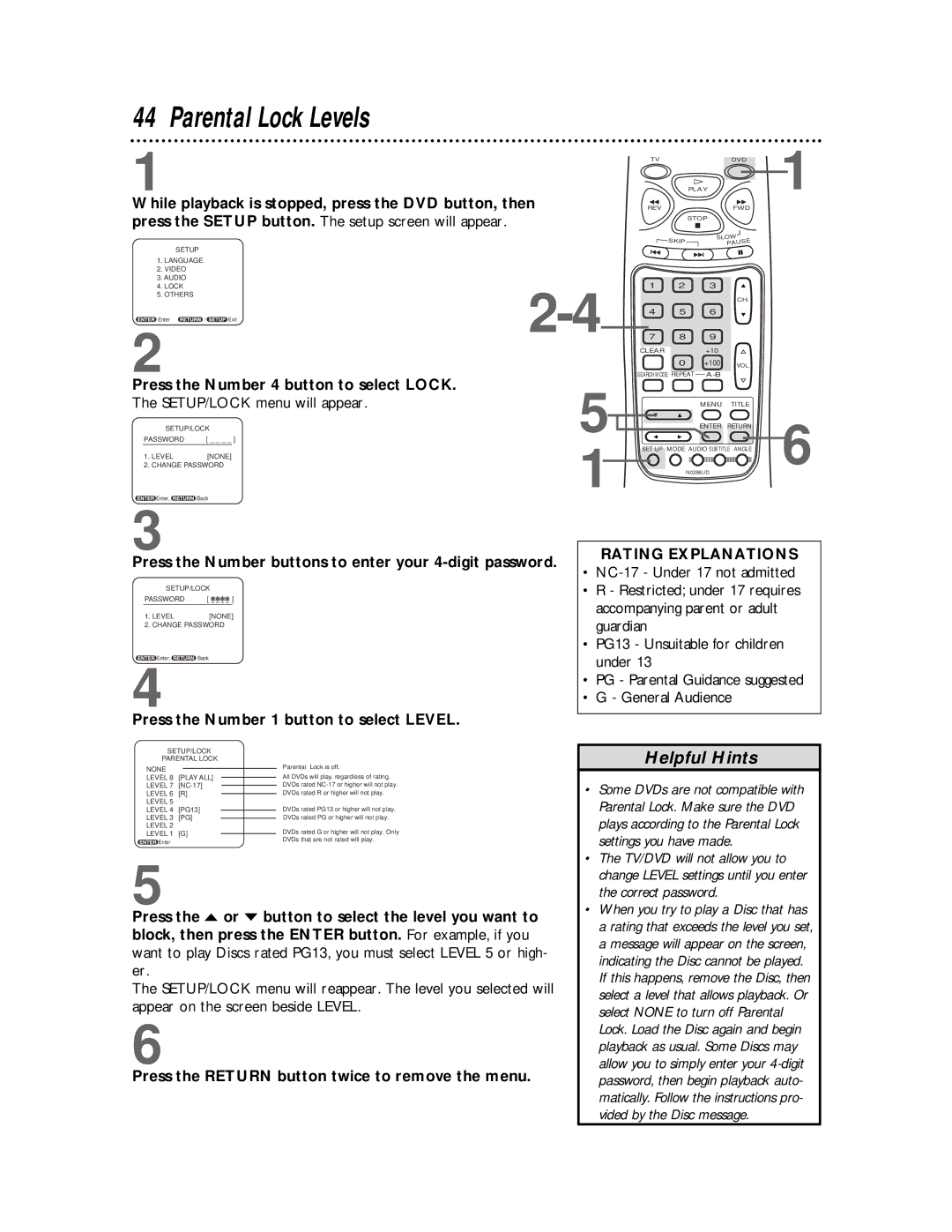 Philips TV/DVD owner manual Parental Lock Levels, Press the Number buttons to enter your 4-digit password 