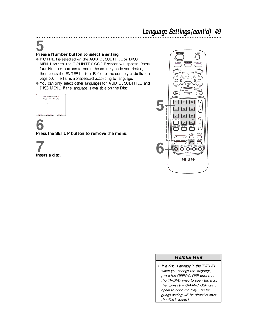 Philips TV/DVD owner manual Language Settings cont’d, Press a Number button to select a setting 