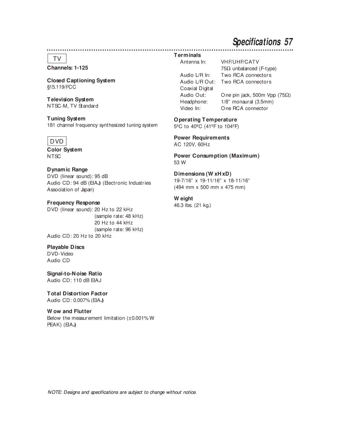 Philips TV/DVD Tuning System, Color System, Dynamic Range, Frequency Response, Playable Discs, Signal-to-Noise Ratio 