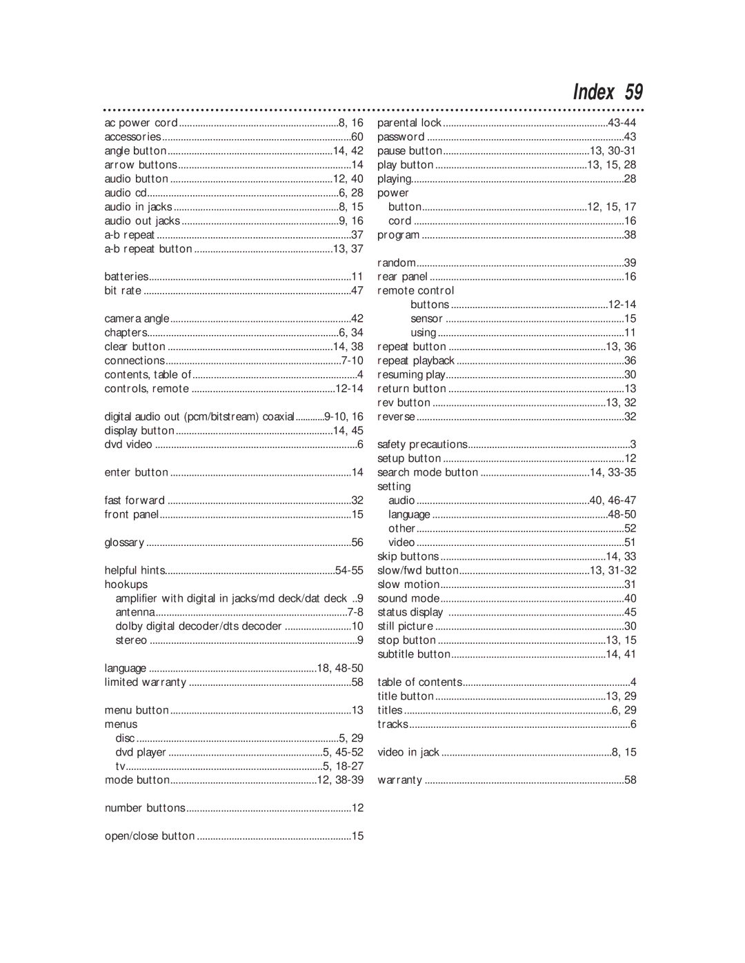 Philips TV/DVD owner manual 12-14, Hookups, Menus, 43-44, 13, 15, Power, 12, 15, Setting 