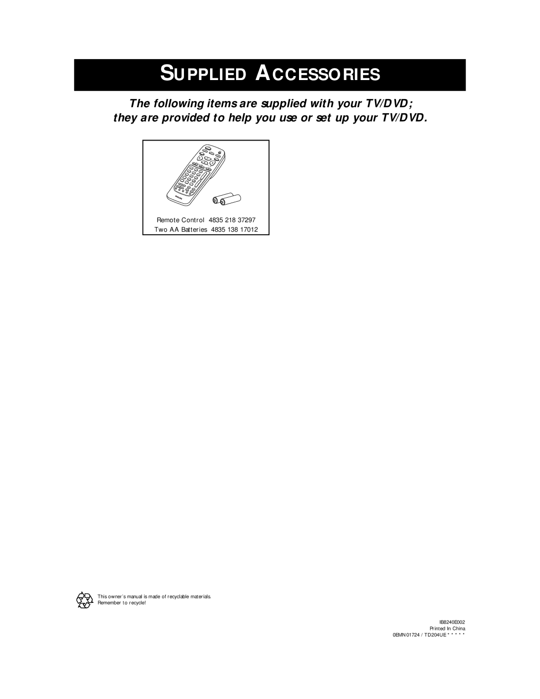 Philips TV/DVD owner manual Supplied Accessories 