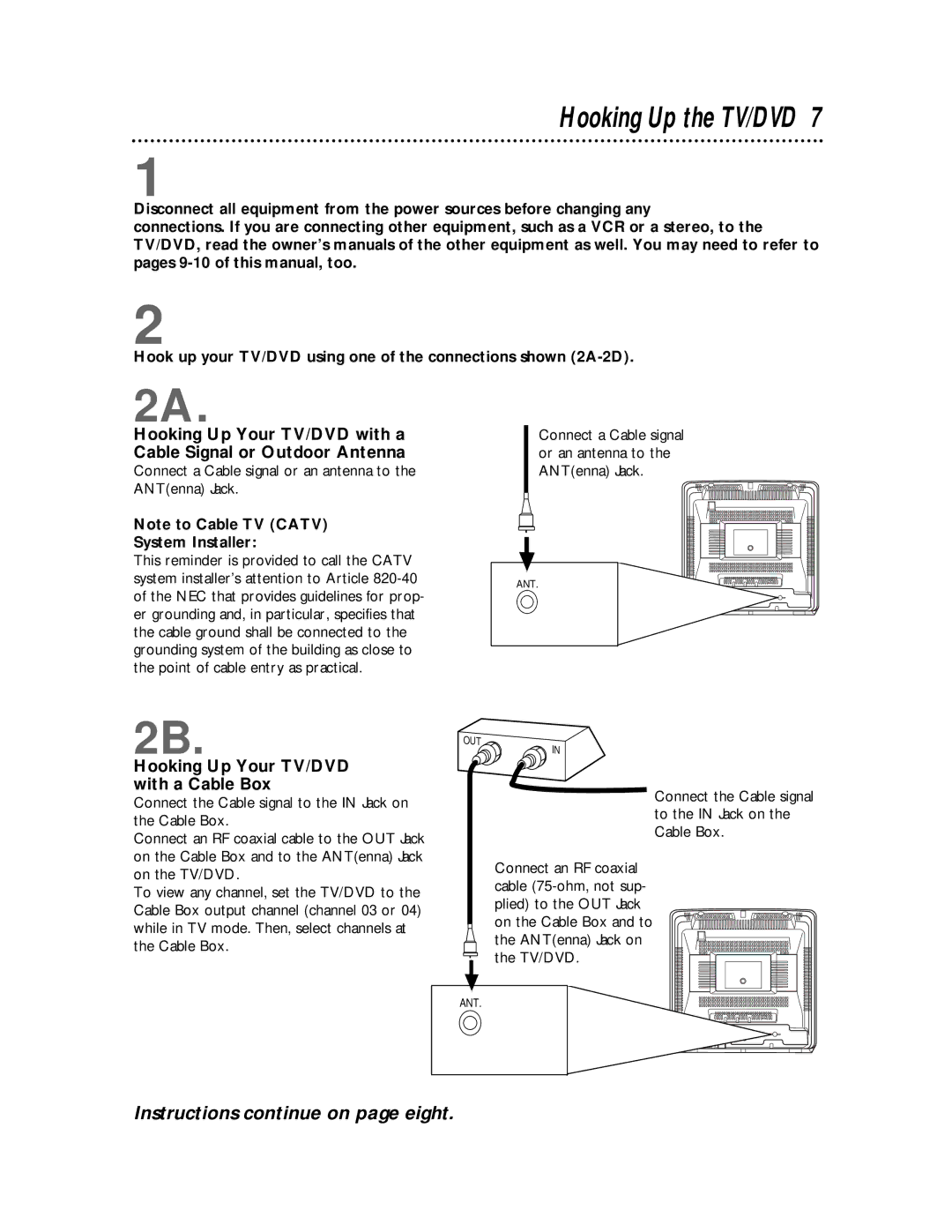 Philips owner manual Hooking Up the TV/DVD, Connect a Cable signal or an antenna to the ANTenna Jack, System Installer 